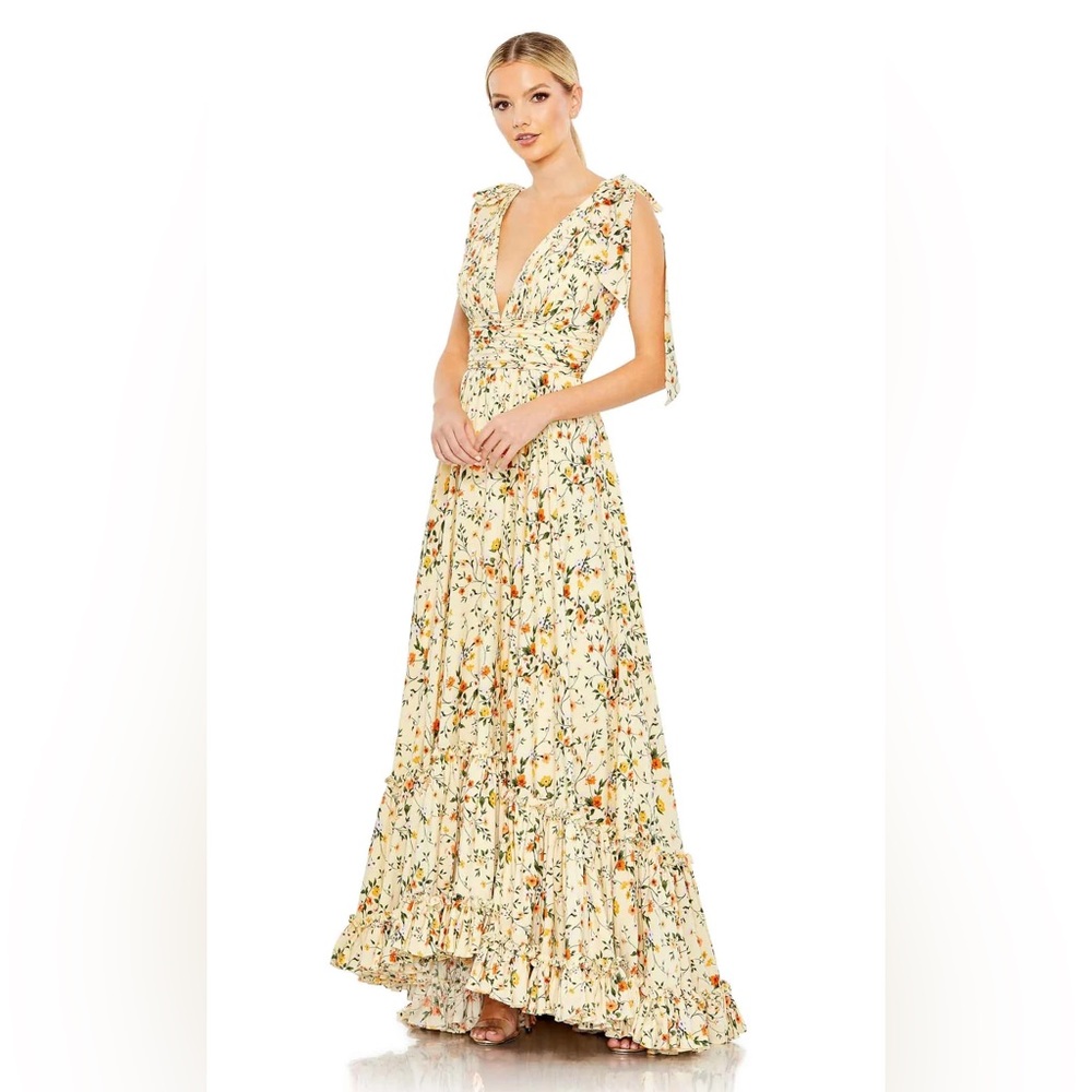 Mac Duggal Floral Printed Bow Tie Detailed Ruched Waistband Dress